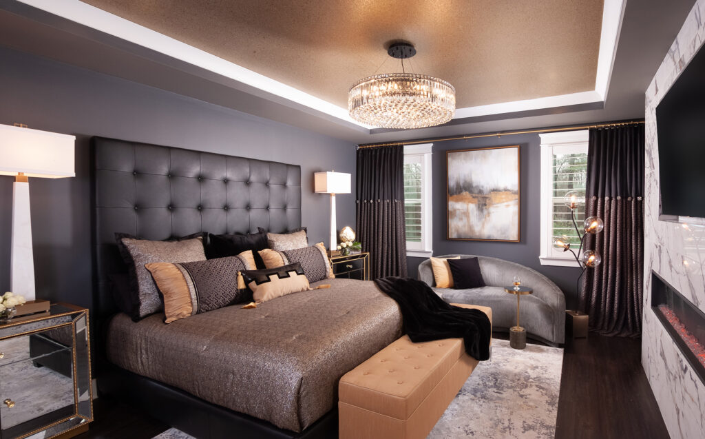 light grey bedroom with dark grey tufted headboard wayzata interior decorators